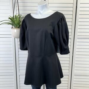 New Eloquii Black Puff Sleeve Peplum Blouse Top Scuba Ponte Back‎ Zip Size 16